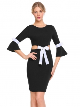 

Black Women V-Neck 3"4 Flare Sleeve Patchwork Package Hip Bow Tie Sexy Dress, Multicolor