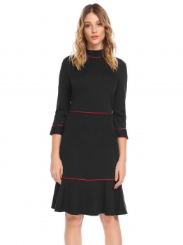 

Black Women Casual Stand Collar 3"4 Sleeve Patchwork A-Line Ruffle Hem Sexy Dress, Multicolor