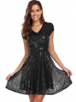 

Black Cap Sleeve V Neck Sequin Embellished Dress, Multicolor