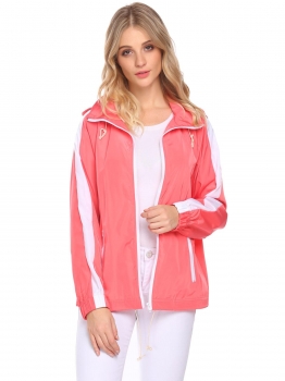 

Rose red Women Hooded Long Sleeve Lightweight Waterproof Zipper Raincoat Pockets, Multicolor