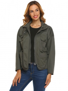 

Army green Women Turn Down Collar Batwing Sleeve Zip Up Casual Loose Jacket with Pocket, Multicolor
