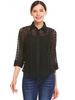 

Black Women Turn Down Collar 3"4 Sleeve See-through Lace Button Casual Shirt, Multicolor