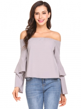 

Gray Women Off Shoulder Layered Flare Sleeve Solid Casual Loose Fit Blouse Top, Multicolor