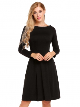 

Black O-Neck Long Sleeve A-Line Dress, Multicolor