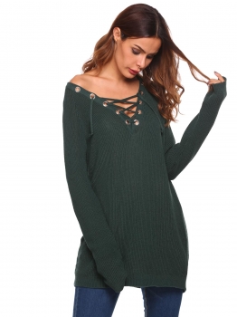 

Green Women Long Sleeve V-neck Thick Knitting Loose Pullover Sweater, Multicolor