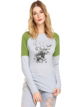 

Green Women Casual O-Neck Long Sleeve Prints Patchwork Pullover Sexy Blouse T-shirt, Multicolor