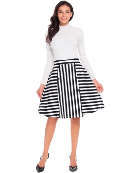 

Black Women Casual High Waist Back Zipper A-Line Striped Sexy Skirt, Multicolor