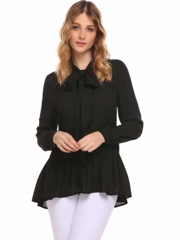

Black Tie-Bow Neck Long Sleeve High Low Ruffles Hem Loose Chiffon Shirt, Multicolor