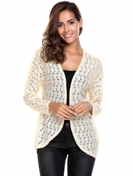 

Beige Women Casual Long Sleeve Lightweight See Through Lace Open Front Cardigan, Multicolor