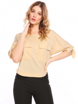 

Beige Women Casual Boat Neck 3"4 Sleeve Back Button Lace Up Cuffs Sexy Blouse, Multicolor