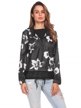 

White Women Casual Hooded Long Sleeve Printed Mesh Patchwork Half Zipper Up Jacket, Multicolor