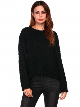 

Black Women Casual Long Sleeve O Neck Solid Slim Pullover High-low Crop Tops Sweaters, Multicolor