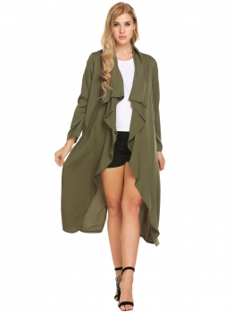 

Army green Solid Long Sleeve Open Front Draped Casual Trench Cardigan, Multicolor