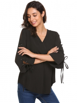 

Black V-neck 3"4 Sleeve Lace-up Solid Tee Leisure Loose Blouse, Multicolor