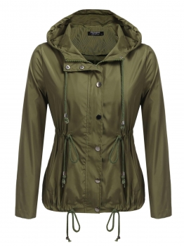 

Army green eHooded Drawstring Button Front Zip Up Windproof Solid Long Jacket, Multicolor