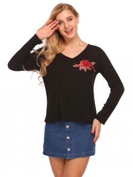 

Black V Neck Long Sleeve Embroidery Tees Casual T Shirt, Multicolor