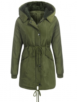 

Army green Women Winter Warm Fleece Hooded Drawstring Solid Long Quilted Military Coats, Multicolor