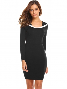 

Black Women Contrast Color Round Neck Long Sleeve Slim Bodycon OL Dress, Multicolor
