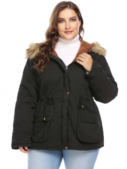 

Black Women Plus Size Hooded Long Sleeve Solid Zip-up Anorak Parka Jacket, Multicolor