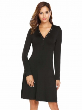 

Black V-Neck Long Sleeve Solid Slim Botton A-Line Casual Pencil Dress, Multicolor