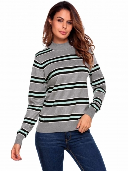 

Black Long Sleeve Neck Striped Slim Pullover Sweaters, Multicolor