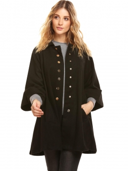 

Black Women Winter Fashion Turn Down Collar 3"4 Flare Sleeve Button-Down Swing Coat, Multicolor