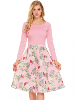 

Pink Women Vintage O-Neck Long Sleeve Floral Swing Dress, Multicolor