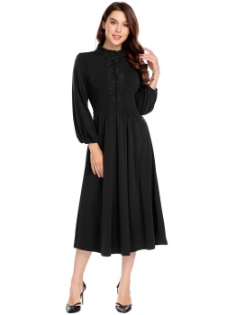 

Black Women Stand Collar Lantern Long Sleeve Lace Patchwork Midi Dress, Multicolor