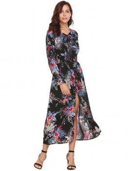 

Black Women Bohemian Tie-Bow Neck Long Sleeve Floral Button Front Split Maxi Dress, Multicolor