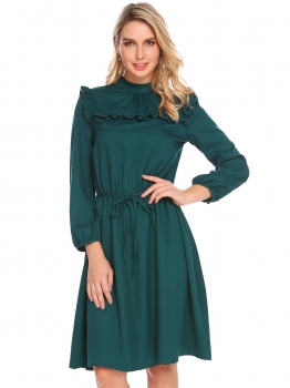 

Dark green Women Mock Neck Long Sleeve Ruffles Draped Casual Dress with Buttons, Multicolor