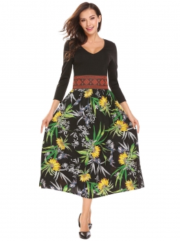 

Black Women V-Neck 3"4 Sleeve Print Patchwork Party Maxi A-Line Dress, Multicolor