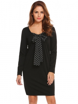 

Black Women Tie Neck Long Sleeve Patchwork Casual Mini Shift Dress, Multicolor