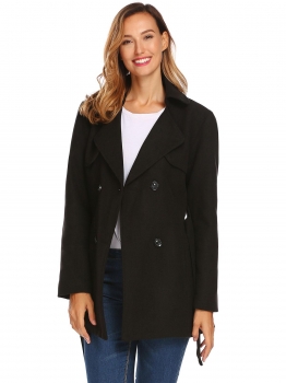 

Black Women Outwear Lapel Long Sleeve Double Breasted Casual Trench Coat with Belt, Multicolor