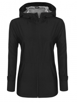 

Black Women Lightweight Waterproof Hooded Zip Up Casual Jacket Raincoat w" Pocket, Multicolor