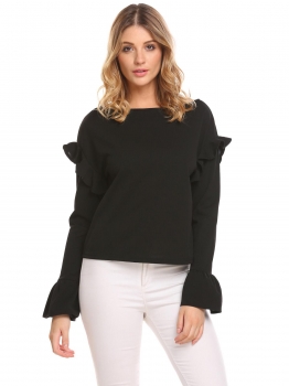 

Black Women Casual Boat Neck Long Flare Ruffle Sleeve Solid Loose Sexy Blouse T-shirt Tops, Multicolor