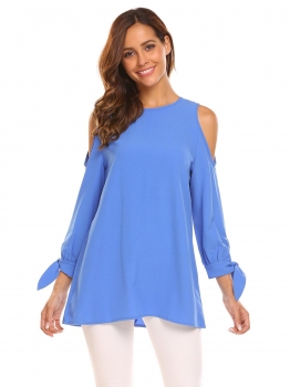 

Blue Women Cold Shoulder Keyhole Tie Up Sleeve Solid Loose Chiffon Blouse Tops, Multicolor