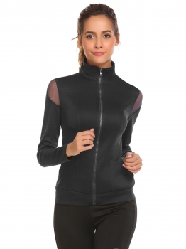 

Black Women Stand Collar Zip Up Mesh Patchwork Slim Fit Casual Sports Jacket with Pocket, Multicolor