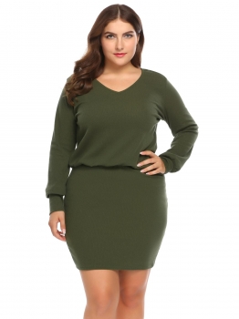 

Army green Long Sleeve Solid Bodycon Dress Plus Size, Multicolor