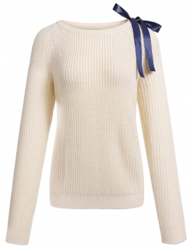 

Beige Bow Tie Solid Long Sleeve O-Neck Casual Knit Sweater, Multicolor