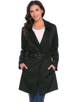 

Black Women Casual Turn-down Collar Long Sleeve Solid Button Pocket Windbreaker with Belt, Multicolor
