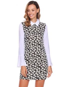 

Black Women Casual Turn-down Collar Long Flare Sleeve Patchwork A-Line Sexy Dress, Multicolor