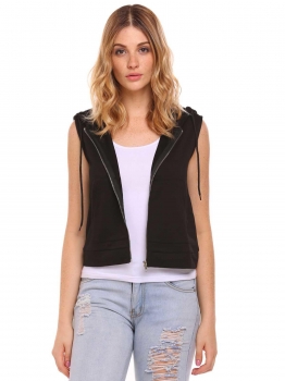 

Black Sleeveless Zipper Closure Vest Solid Casual Tank Hoodie, Multicolor