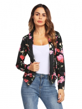 

Black Long Sleeve Lapel Floral Front Open OL Slim Blazer, Multicolor