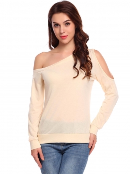 

Beige Women Casual Oblique Collar Long Sleeve Cold One Shoulder Solid Casual Tops, Multicolor