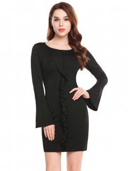 

Black Casual O-Neck Flare Sleeve Ruffle Package Hip Bodycon Dress, Multicolor