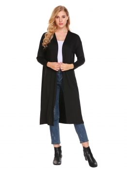 

Black Long Sleeve Open Front Cardigan Solid Outwear Split Hem, Multicolor