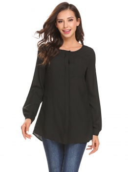 

Black Women Fashion O-Neck Long Sleeve Solid Button Chiffon Shirt, Multicolor