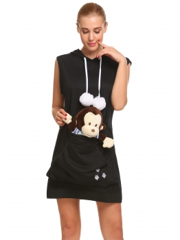 

Black Women Casual Hooded Sleeveless Floral Pullover Hoodie Dress with Big Pocket, Multicolor