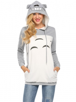

Grey Women Long Sleeve Cartoon Printed Hoodie with Fleece, Multicolor