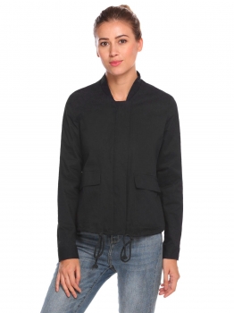 

Black Women Long Sleeve Drawstring Hem Double Pockets Jacket, Multicolor